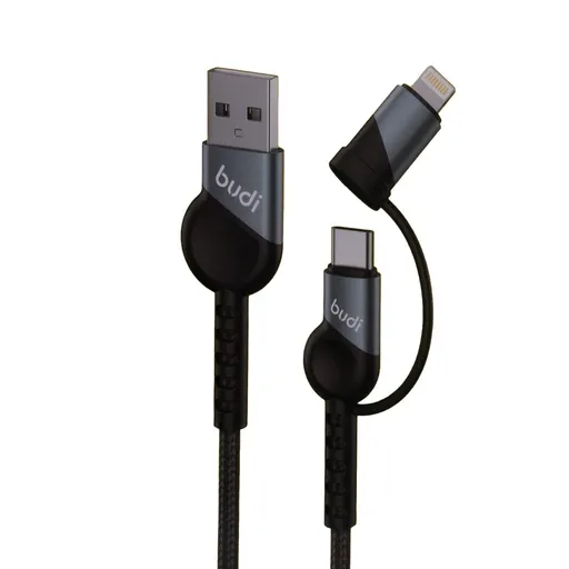 فروش نقدی و اقساطی کابل شارژ کنفی USB به USB-C / لایتنینگ بودی مدل Budi DC231TL10B توان 65 وات طول 1 متر
